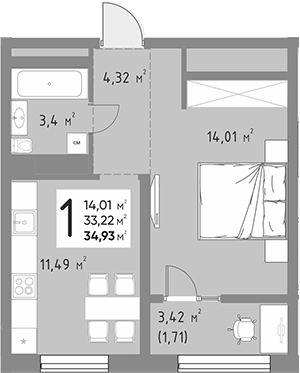 Продается 1-комн. квартира, 33.22 м²