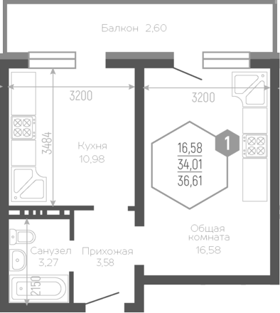 1-комн., 34.4 м², 19/19 этаж, ЖК «Черкасская»