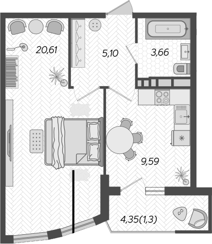 1-комн., 38.96 м², 19/21 этаж, ЖК «Режиссер»