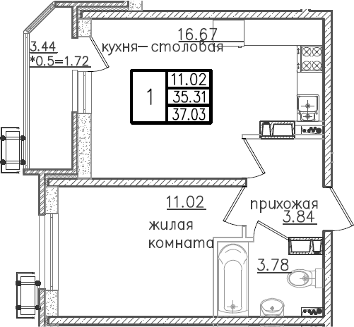2-комн., 35.31 м², 13/23 этаж, ЖК «Урал»