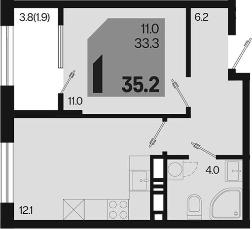 1-комн., 33.3 м², 15/18 этаж, ЖК «Первое место»