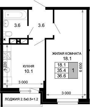 1-комн., 35.4 м², 16/16 этаж, ЖК «Дыхание»