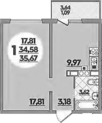 1-комн., 34.58 м², 1/5 этаж, ЖК «Тихорецк»