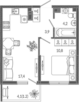 2-комн., 36.3 м², 4/12 этаж, ЖК «Флора»
