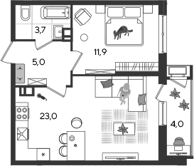 2-комн., 43.6 м², 9/24 этаж, ЖК «Рекорд»