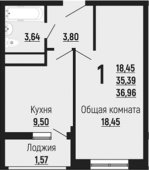 1-комн., 35.39 м², 19/24 этаж, ЖК «Славянка»
