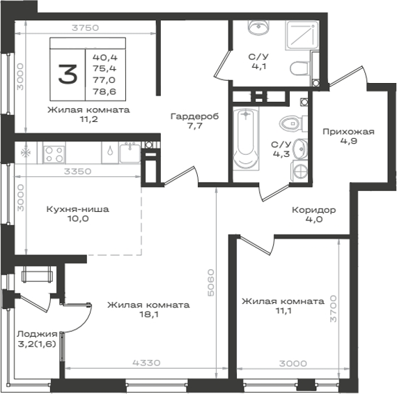 3-комн., 75.4 м², 7/14 этаж, ЖК «Нагория»