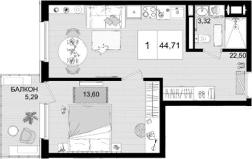 2-комн., 39.42 м², 8/8 этаж, ЖК «IT гостиничный комплекс Корсаков»