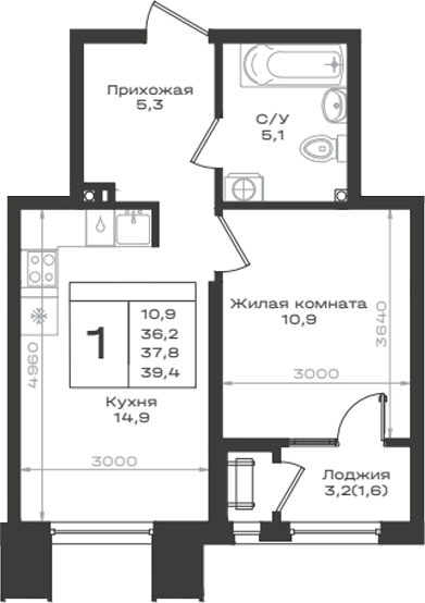 1-комн., 36.2 м², 2/14 этаж, ЖК «Нагория»