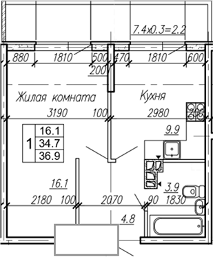 Продается 1-комн. квартира, 34.7 м²