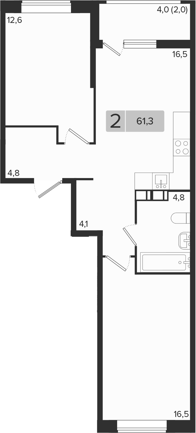 2-комн., 59.3 м², 4/9 этаж, ЖК «Эрмитаж»