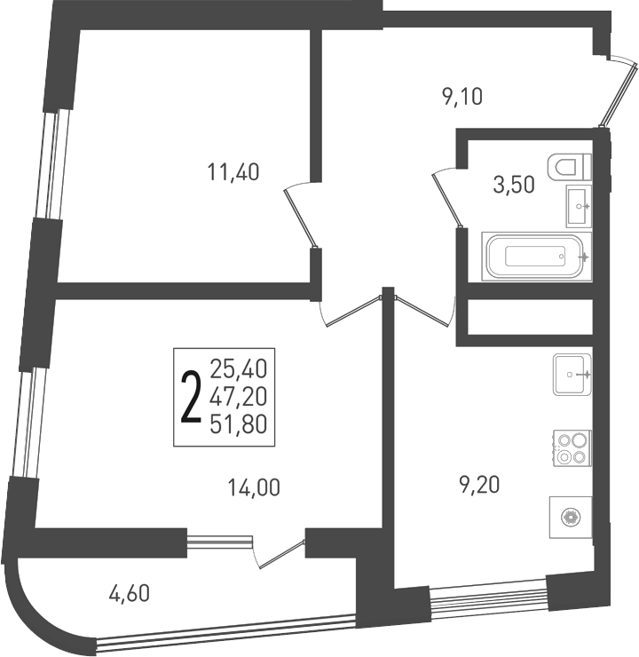 2-комн., 48.1 м², 5/24 этаж, ЖК «ЖК «Кубанская Крепость»»
