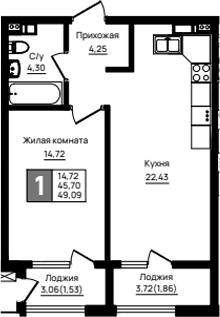Продается 1-комн. квартира, 45.7 м²