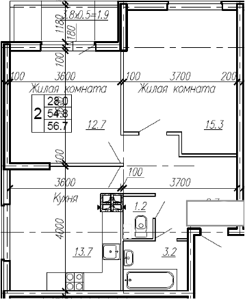 2-комн., 54.8 м², 2/4 этаж, ЖК «Эво»