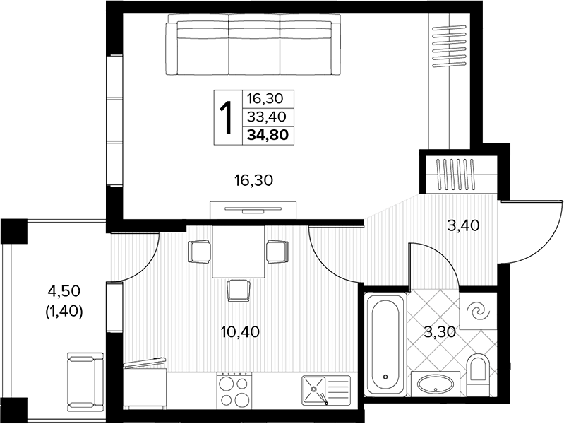 1-комн., 33.4 м², 4/8 этаж, ЖК «Кипарис»