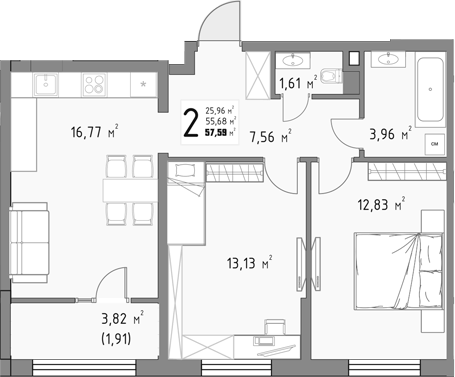 2-комн., 55.68 м², 13/15 этаж, ЖК «Коллекция»