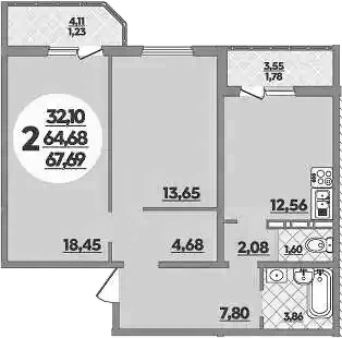 2-комн., 64.68 м², 1/16 этаж, ЖК «Восточный. Квартал №6»