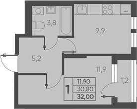 1-комн., 30.8 м², 10/15 этаж, ЖК «Барса»
