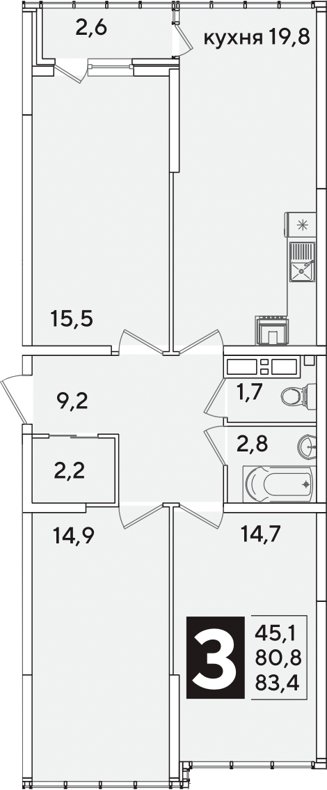 4+ комнаты, 80.8 м², 16/16 этаж, ЖК «Самолет»