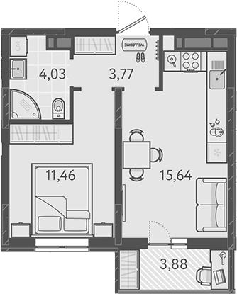 2-комн., 34.9 м², 6/9 этаж, ЖК «Теплые края»