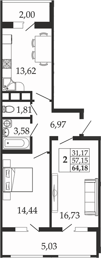 2-комн., 57.15 м², 10/18 этаж, ЖК «Родные Просторы»