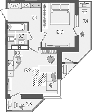 2-комн., 41.4 м², 13/24 этаж, ЖК «Рекорд»