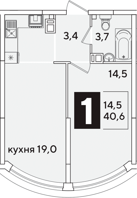 2-комн., 40.6 м², 4/16 этаж, ЖК «Самолет»