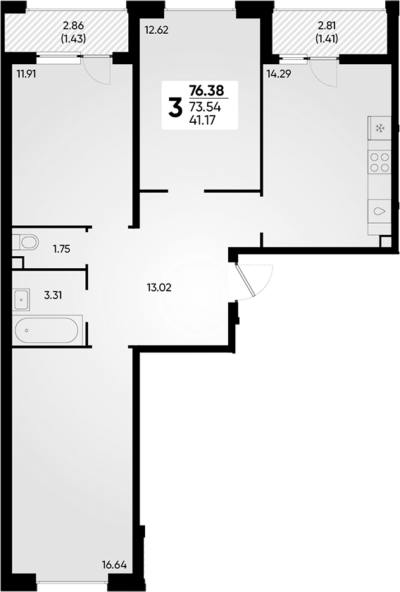 3-комн., 73.54 м², 2/9 этаж, ЖК «Архитектор. ГК ЮгСтройИнвест»