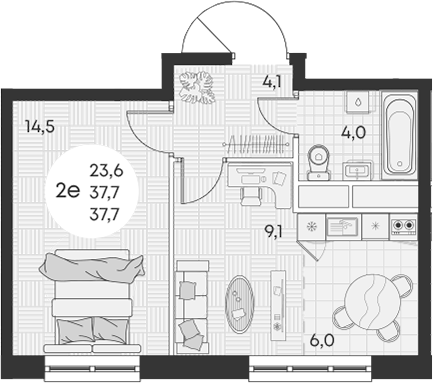 2-комн., 37.7 м², 11/15 этаж, ЖК «Грин Эппл»