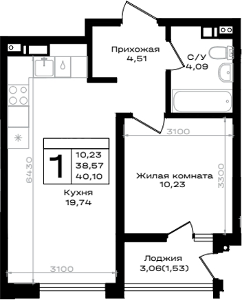 1-комн., 38.57 м², 7/9 этаж, ЖК «ЮЖНО»