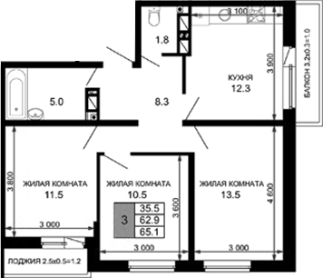3-комн., 62.9 м², 8/16 этаж, ЖК «Дыхание»