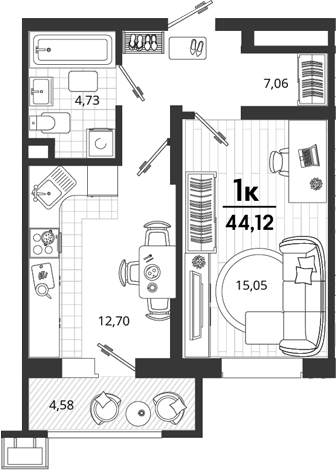 1-комн., 39.54 м², 2/18 этаж, ЖК «Родные Просторы»