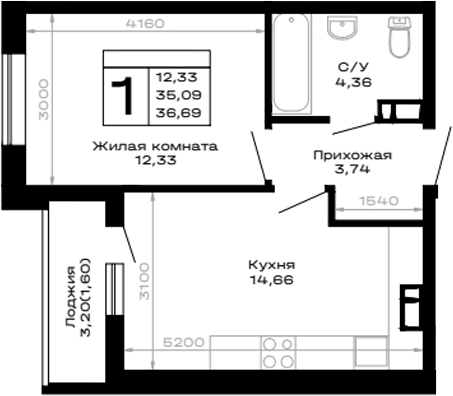 Продается 1-комн. квартира, 35.09 м²