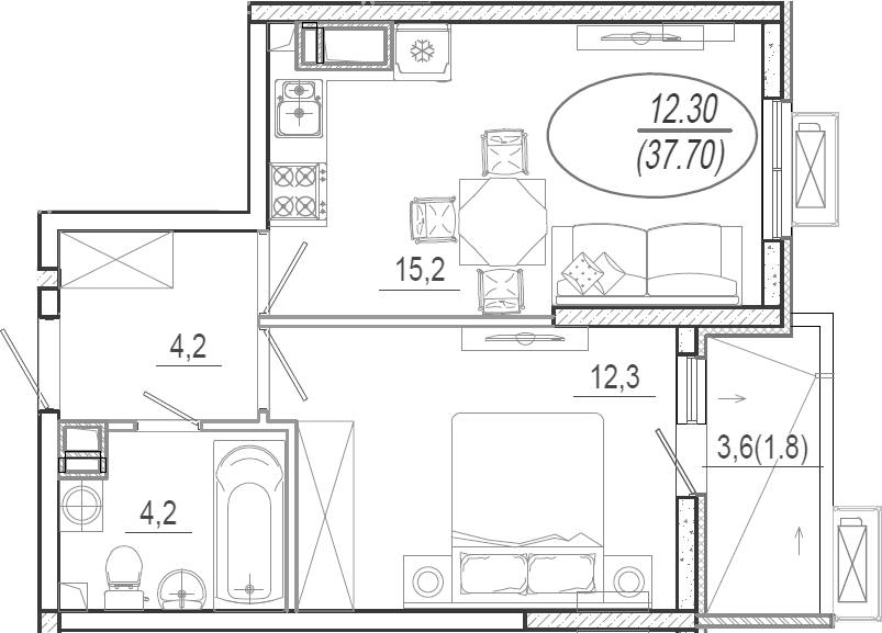 2-комн., 35.9 м², 11/15 этаж, ЖК «Микрорайон Южане»