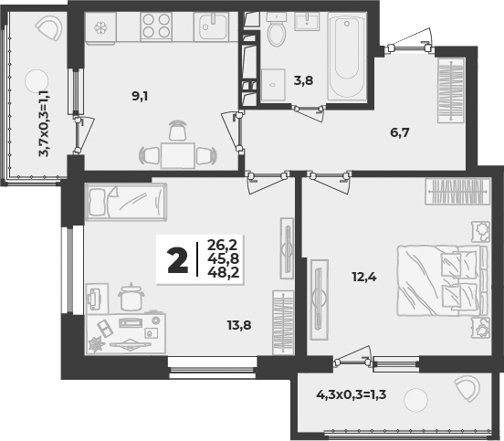 2-комн., 45.8 м², 4/9 этаж, ЖК «Лето»