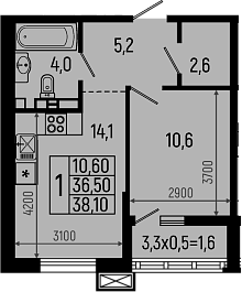 1-комн., 36.5 м², 5/11 этаж, ЖК «Звезды»