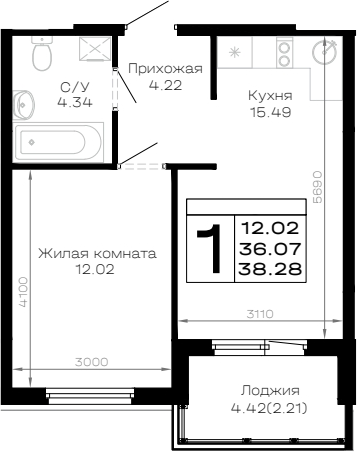 Продается 1-комн. квартира, 36.07 м²