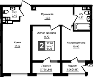 2-комн., 57.95 м², 6/18 этаж, ЖК «Резиденция морей»