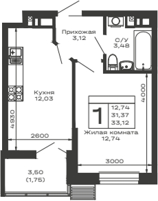 1-комн., 31.37 м², 10/14 этаж, ЖК «Долина»