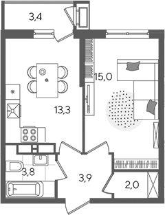 1-комн., 38 м², 16/24 этаж, ЖК «Рекорд»