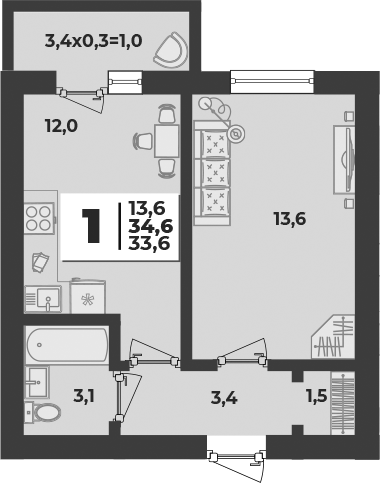 1-комн., 33.6 м², 4/5 этаж, ЖК «Дарград»