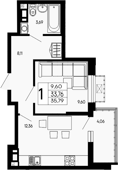 1-комн., 33.76 м², 15/16 этаж, ЖК «Эпос»