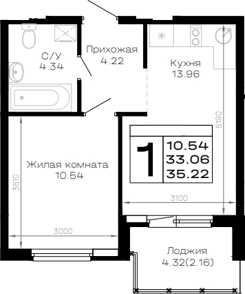 1-комн., 33.06 м², 3/4 этаж, ЖК «Усадьба Гостагаевская»