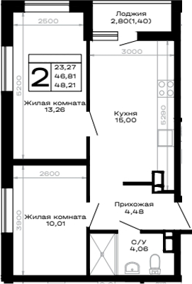 2-комн., 46.81 м², 10/16 этаж, ЖК «Горные высоты»