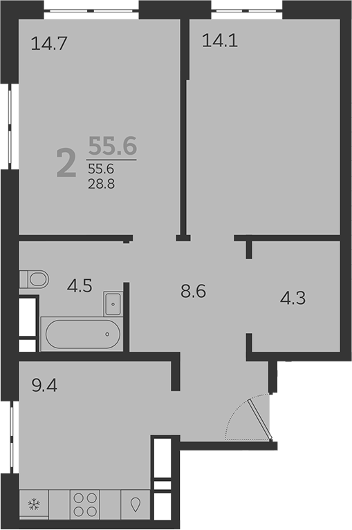 2-комн., 55.6 м², 3/24 этаж, ЖК «Все Свои VIP»