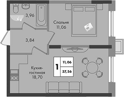 1-комн., 37.56 м², 5/9 этаж, ЖК «Зеленая территория»