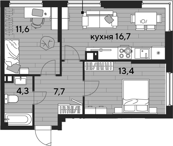 2-комн., 53.7 м², 3/16 этаж, ЖК «DОГМА ПАРК»