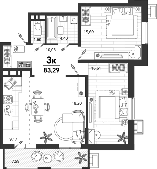 2-комн., 75.7 м², 5/9 этаж, ЖК «Родные Просторы»