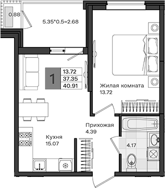 1-комн., 37.35 м², 3/8 этаж, ЖК «МОНО квартал»