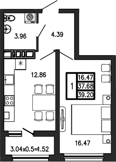 1-комн., 37.68 м², 1/9 этаж, ЖК «Суворов»